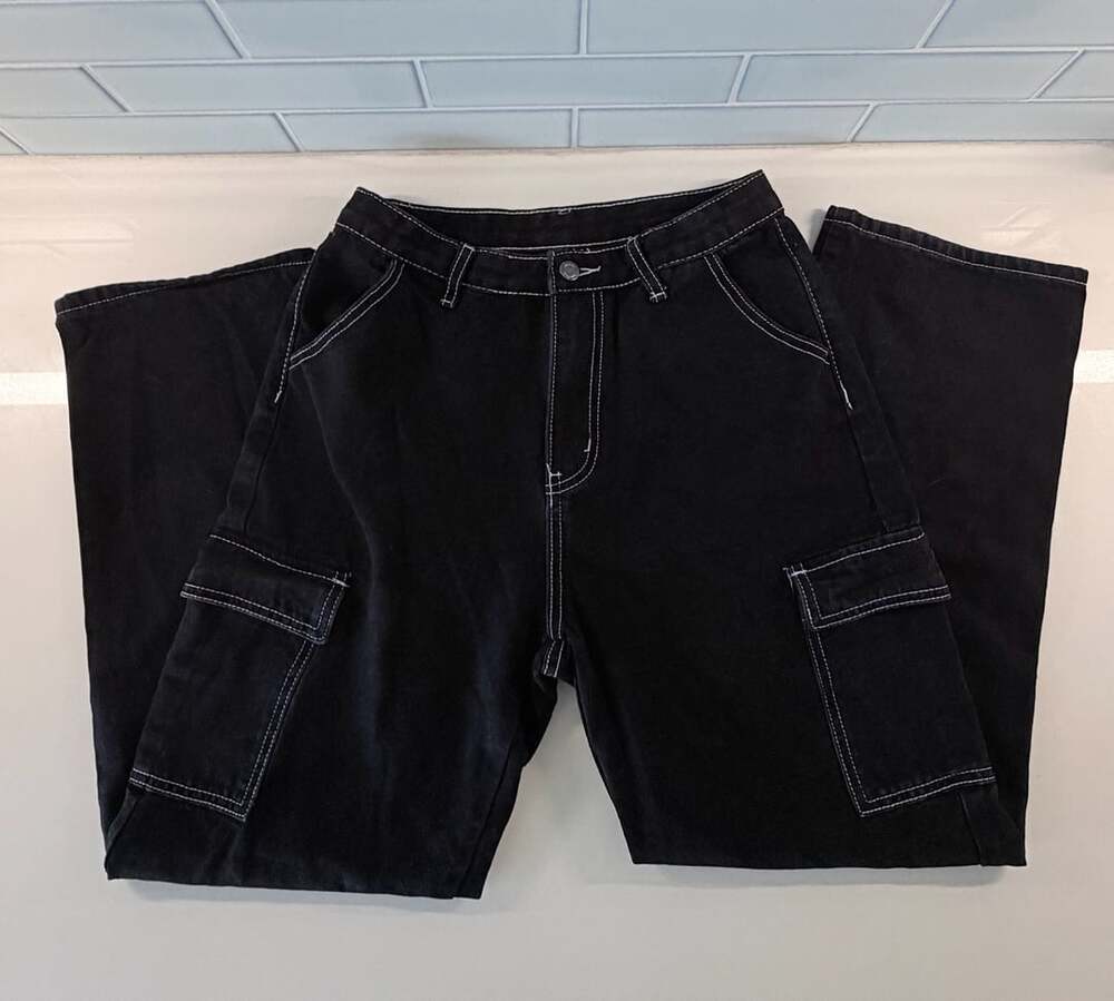 Contrast Stitch High Waist Baggy Cargo Jeans Black Medium